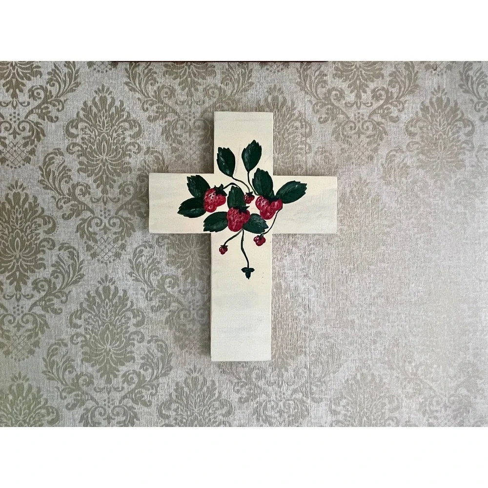 Vintage Retro Folk Art Hand‑Painted Wooden Cross with Strawberries Cottage